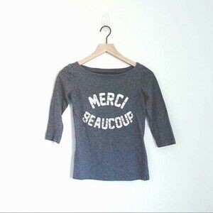 LOFT Women's XS Extra Small T-Shirt Gray Tee 3/4 Sleeve French Merci Beaucoup